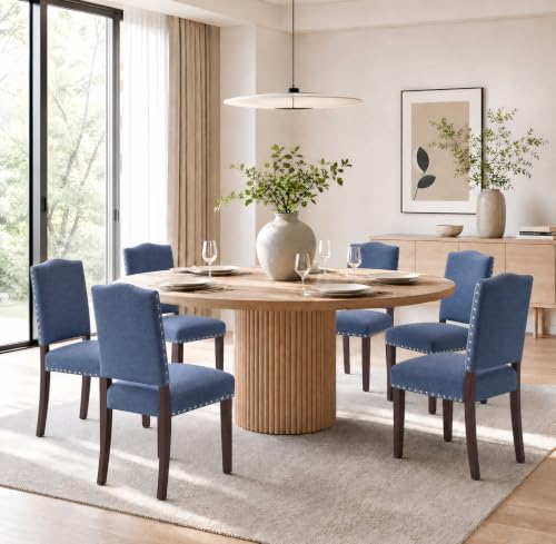 Image of Upholstered Dining Chairs Set of 6 with Thickened Seat Cushion | Wooden Mid-Century Modern Fabric Farmhouse Kitchen Chairs for Dining Room, Living Room, Restaurant, and Reading Room