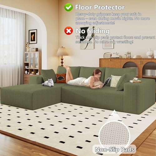 Image of 96 inch Modular Sectional Sofa, Modern Corduroy Cloud Couch with Deep Seat, Boneless Couch Upholstered 3-Seater L-Shaped Sofa for Living Room, No Assembly Required (Green, Left-Facing Chaise)