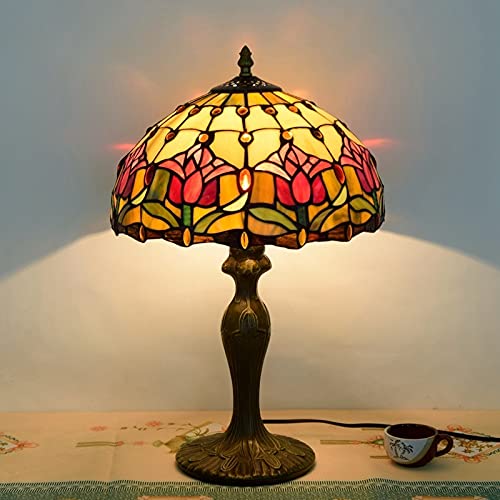 Blivuself Tiffany Lamp Stained Glass Lamp Red Tulip Bedroom Table Lamp Reading Desk Light For Bedside Living Room Office Dormitory Dining Room Decorate Gift 12X12X18 Include Light Bulb #TOP1