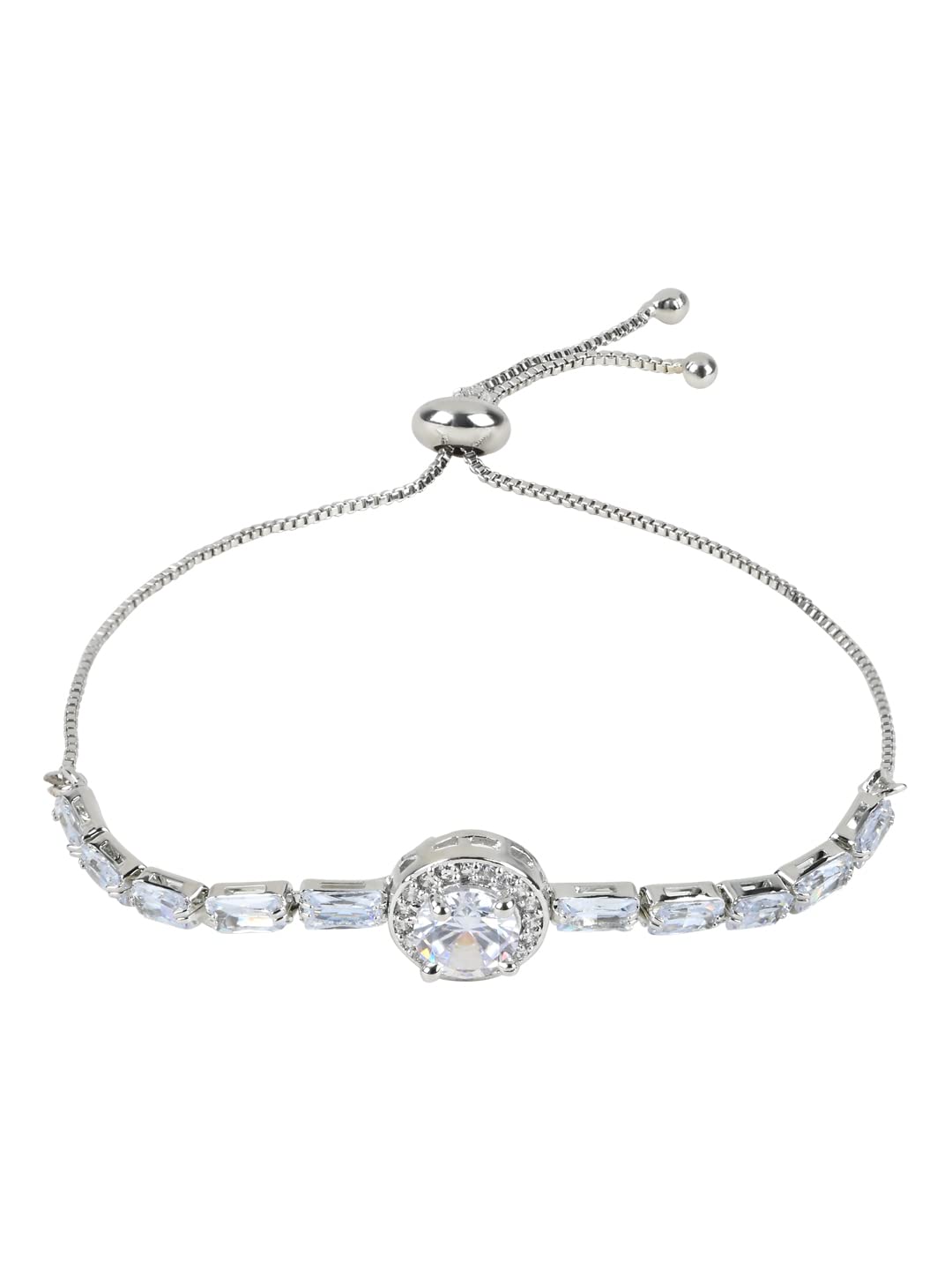I JewelsStylish Silver Plated Cubic Zirconia American Diamond Adjustable Bracelet For Women & Girls