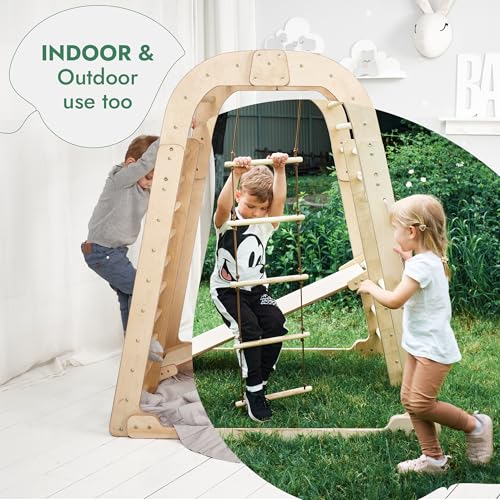 Image of Goodevas Wooden Kids Climbing Frame Indoor - Montessori Playground with Slide, Climbing Wall & Rope Ladder - Enhanced Montessori Gym for Children Ages 3 to 8