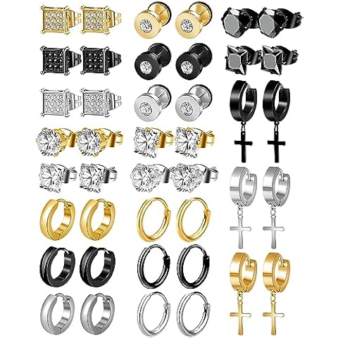 ONESING 21 Pairs Stainless Steel Earrings for Men Inlaid Cross Dangle Hinged Earrings Hoop CZ Stud Hypoallergenic Earrings Huggie Earrings Set for Women Men Ear Piercing Jewelry Black Steel Gold Cover