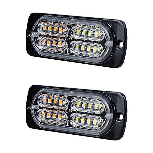 20-LED Caution Emergency Beacon Warning Hazard Flash Strobe Light Compatible with Car POV Construction Tow Truck Van Vehicle (2Pcs, White Amber)