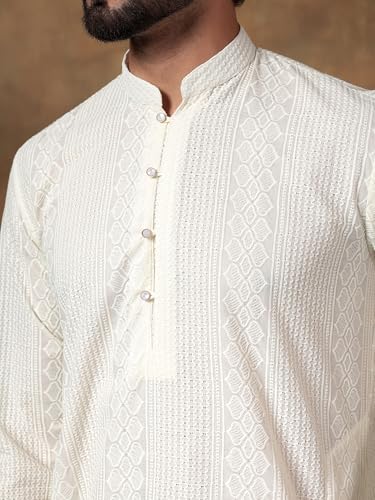 Image of Men's Solid Regular Fit Ethnic Wear White Kurta Pajama Set with Front Pocket
