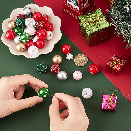SUNNYCLUE 1 Box 50Pcs 10 Styles 20mm Christmas Bead Set Large Acrylic Bead Bulk Snowflake Loose Bead Mini Round White Red Winter Xmas Holiday Spacer Bead for jewellery Making Charms DIY Necklace Adult - Image 3