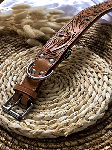 MICHUR GoldenEye Hundehalsband Leder, Lederhalsband Hund, Halsband, Leder, BEIGE, Caramel, Braun, Gold, MIT STANZUNGEN UND FARBHINTERLEGUNG mit Strasssteinen, in verschiedenen Größen erhältlich