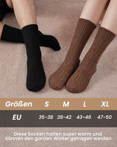 SukModen 4 Paar Alpaka Socken Herren Damen, Warme Wollsocken, Flauschige Thermosocken, Dicke Strick Wintersocken Schwarz L