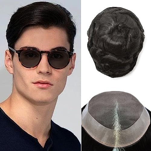 FACE MIRACLE Toupee for Men Human Hair Replacement System, Fine Mono Lace Center with NPU, 1/8" Folded Lace Front Natural Hairline Mens Hair Piece 1# jet black-120% Med-Light to Medium Density 6 * 8
