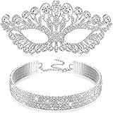 2 Pcs Rhinestone Masquerade Mask and Choker Necklace Jewelry Set Crystal Rhinestone Eye Mask Necklace for Women Costume (Classic Style)