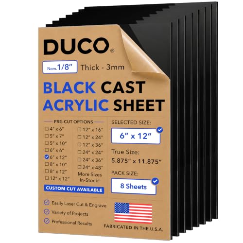 Duco 1/8" Black Cast Acrylic Sheets, 6"x12" Plexiglass Sheets, 8 Pack