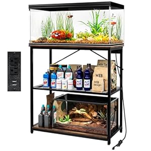 TC-HOMENY Fish Tank Stand 10/20/29/37 Gallon, Aquarium Stand with Charging Station,1000LB Capacity ,31″ L x 16″ W Metal Reptile Tank Stand, Double Storage Design Adjustable Boards, Brown(Tank not Included)