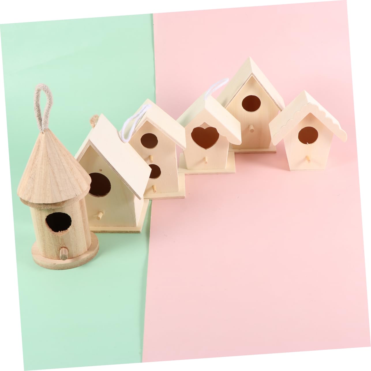 WOONEKY 6 Stück Teiliges DIY Vogelhaus aus Holz Unvollendetes Bastelset mit Stabilem Stand und Dicker Aufhängekordel zum Bemalen und Dekorieren als Lernspielzeug für Wohnraumgestaltung
