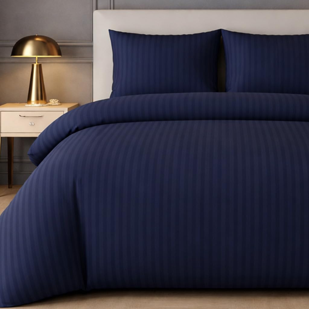 Lazzaro Home Feel The Difference Navy Lazzaro Satin Stripe Single Duvet Cover Set Pack Of 2 - Premium Hotel Quality Quilt Cover Single Bedding Set - Ultra Soft Hypoallergenic Duvet Cover Single With Zipper Closure