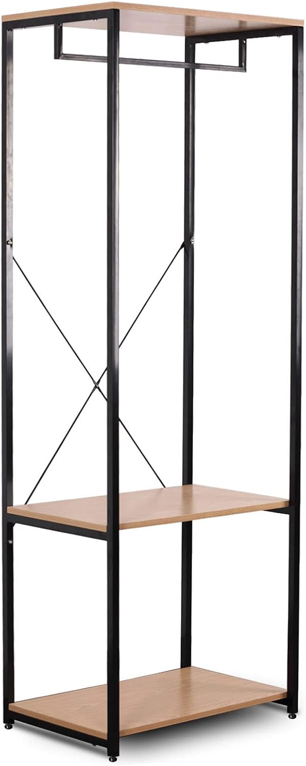 WOLTU Heavy Duty Clothes Rail, Light Oak Coat Stand Rack with Shoe Rack