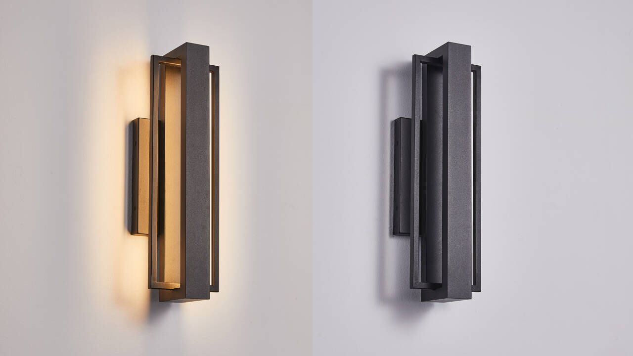 Image of Tarentlight Double Square Frame Outdoor LED Wall Light, 15 Inch Textured Black Wall Sconce, Sleek Modern Light Fixture, Integrated LED 3000K 16W, Outside Lights for Patio, Porch, Front Door or Garage