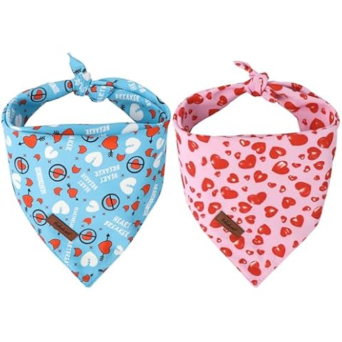Babole Pet Valentine's Day Dog Bandanas 2 Pack, Pink and Blue Heart Pattern Valentines Dog Scarf Bib for Boy and Girl, Cute Holiday Bandana for Large and Extra Large Dogs Cover