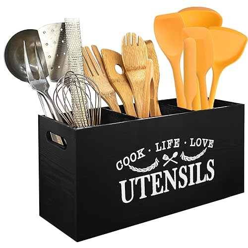 AMRTA Wooden Utensil Holder Bamboo Organiser Kitchen Utensils Cutlery Holder with 2/3 Compartments, Wood Cutlery Caddy Holders, Cooking Tools Set Storage Pots (Black with 3 Compartments)