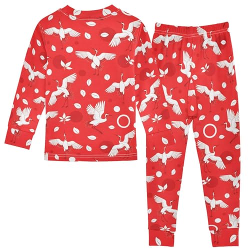 Pajama Sets Long Sleeve Red Cranes and Leaves Pattern Soft Comfy Sleepwear 2 Piece PJS 3-8T3