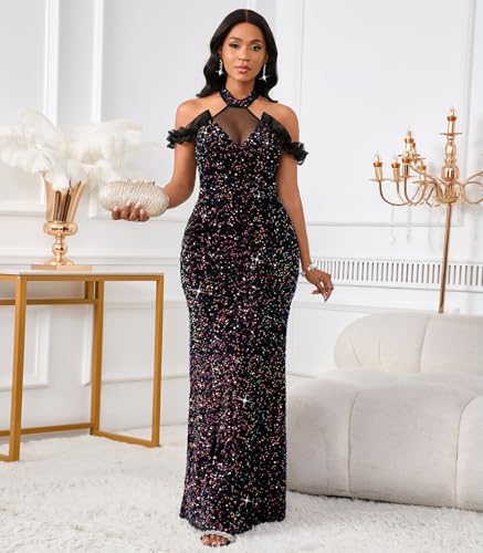 Image of Cololura Women Sexy Sequin Halter Neck Short Sleeve Mesh Perspective Party Bodycon Evening Cocktail Maxi Dress