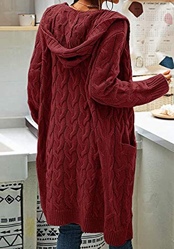 Image of Women Hooded Open Front Cardigan Cable Knit Chunky Long Sweater Coats | solid color, cable knit ,long duster cardigan,chunky coatigan,winter ,falll ,side pockets