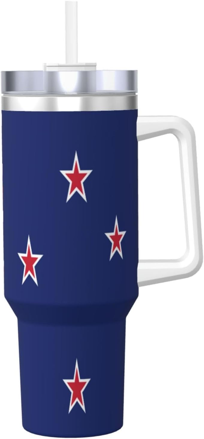 40 OZ New Zealand Flag Print Ice Bully Cup with Handle Straw Lid Straw,Stainless Steel Tumbler Coffee Cup