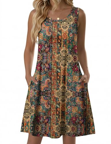 Zeagoo Vestido de Flores para Mujer Vestido de Verano sin Mangas de Playa Vestidos Boho con Estampado Flores Marrones M