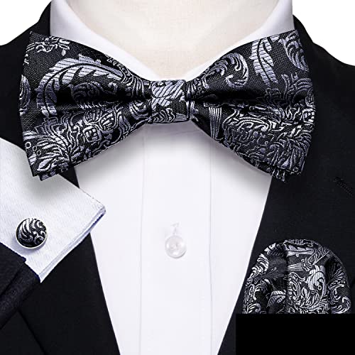 Image of Barry.Wang Paisley Striped Bow Tie for Men Silk Pre-Tied Bowtie Pocket Square Cufflinks Set Formal Wedding Party Prom