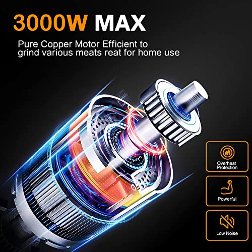 Aaobosi Electric Meat Grinder 【3000W Max 】Heavy Duty Stainless Steel Meat Mincer With 3 Grinding Plates, 3 Sausage Stuffer Tubes & Kubbe Attachments,Easy One-Button Control #TOP1