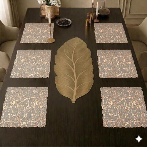 Image of Dakshya Industries PVC Waterproof Square Table Placemats & Table Runner Combo Set | 6 Dining Table Mats (38 x 38 cm) + 1 Runner (91 x 33 cm) | Heat Resistant, Washable, Non Slip (Modern Aura)