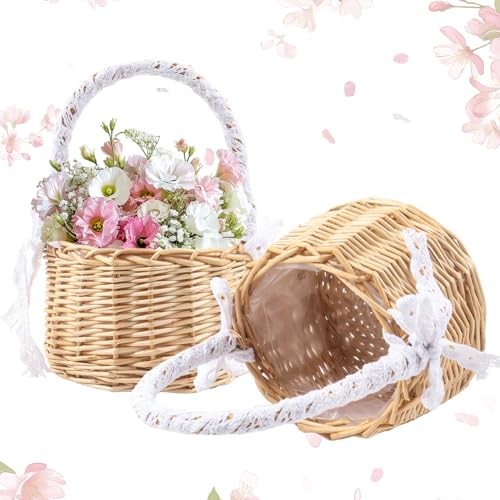 Set of 2 Wicker Rattan Flower Girl Basket for Wedding Wedding Basket