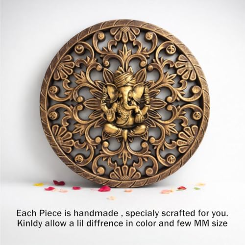Image of Art Street Ganesha Wall Plaque with 3D Embossed Floral Design, MDF Round Plaque, Gold Antique Finish, Lord Ganesha Idol for Pooja Room, Living Room, or Office, Traditional Hindu Wall, 30x30 cm