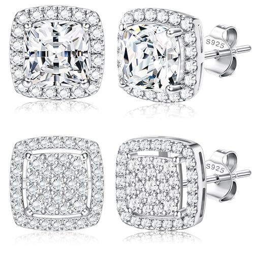 Dochais 2 Pares de Pendientes de Plata 925 Bañados en Oro 14K para Hombre y Mujer, Circonitas Cúbicas Redondas y Cuadradas Imitación Diamante, Iced Out, Hipoalergénicos