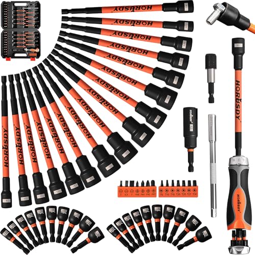 Image of HORUSDY 59pcs Magnetic Nut Driver Set with 6-in-1 Ratcheting Screwdriver Handle, SAE & Metric 1 /4 Inch Hex Shank Socket Set for Impact Drill with Quick-release Bit Holder and Extension Bar