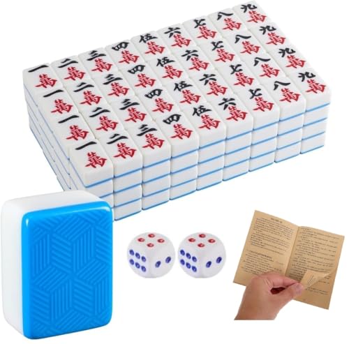 EatingBiting Large Size Chinese Mahjong Set 1.6 inches Board Game Classic ?? with 146+ Blue Colored Tiles, Wind Indicator and Dice Large + Mahjong Tiles Melamine English Instraction and Carrying Bag