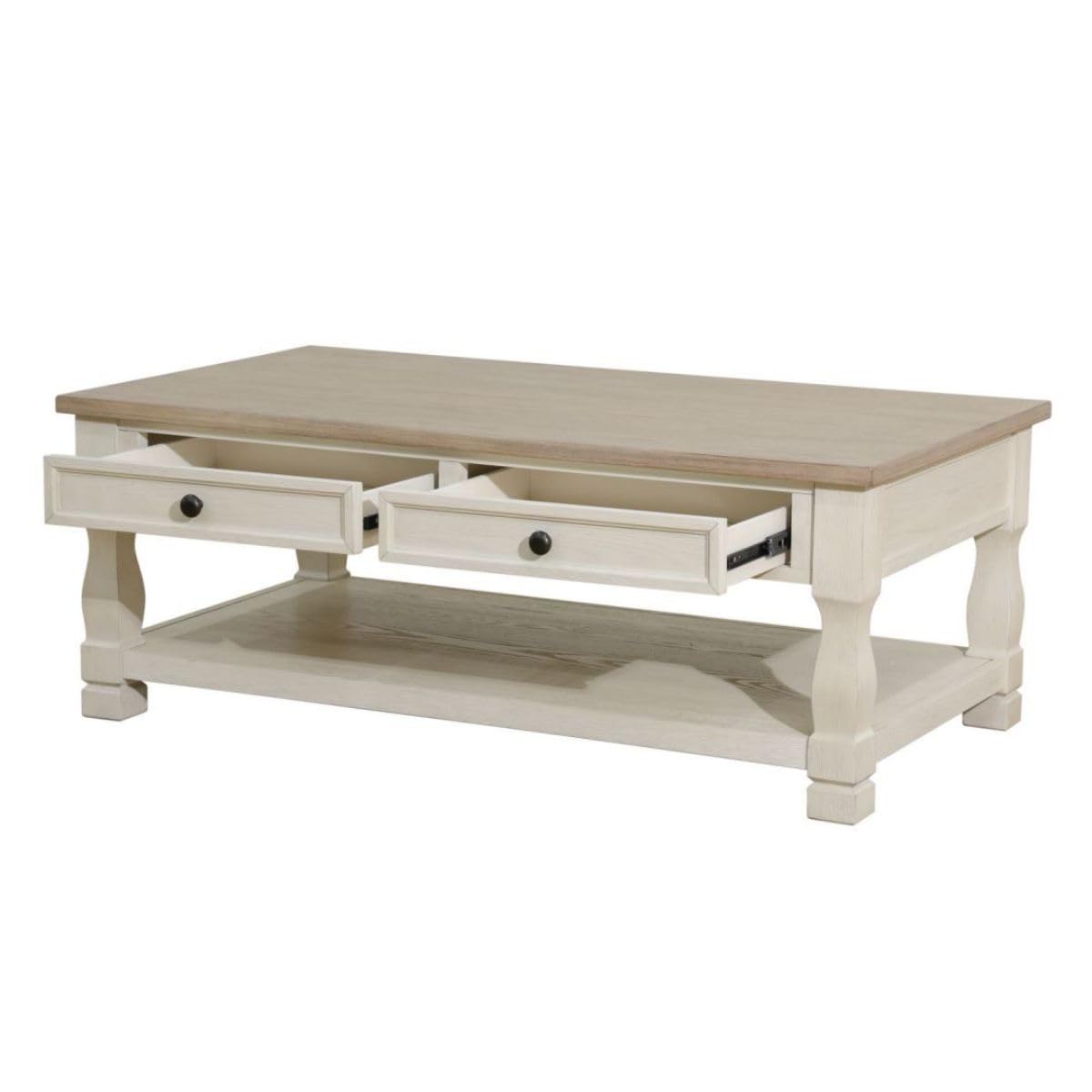 Mid-Century Modern Wood Coffee Table with Storage Drawers/Shelf, Center Dining Tables for Living Room Apartment, MDF and Oak, Light Brown and White,