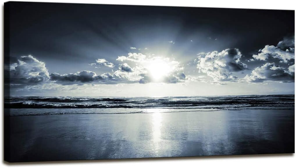 Canvas Wall Art Beach Decor Coastal Ocean Decor Waves Sands Sunset Scenery Canvas Painting Framed Wall Art Sea Contemporary Nature Picture for Living Room Home Office Bedroom Decor 24 x 48 inches