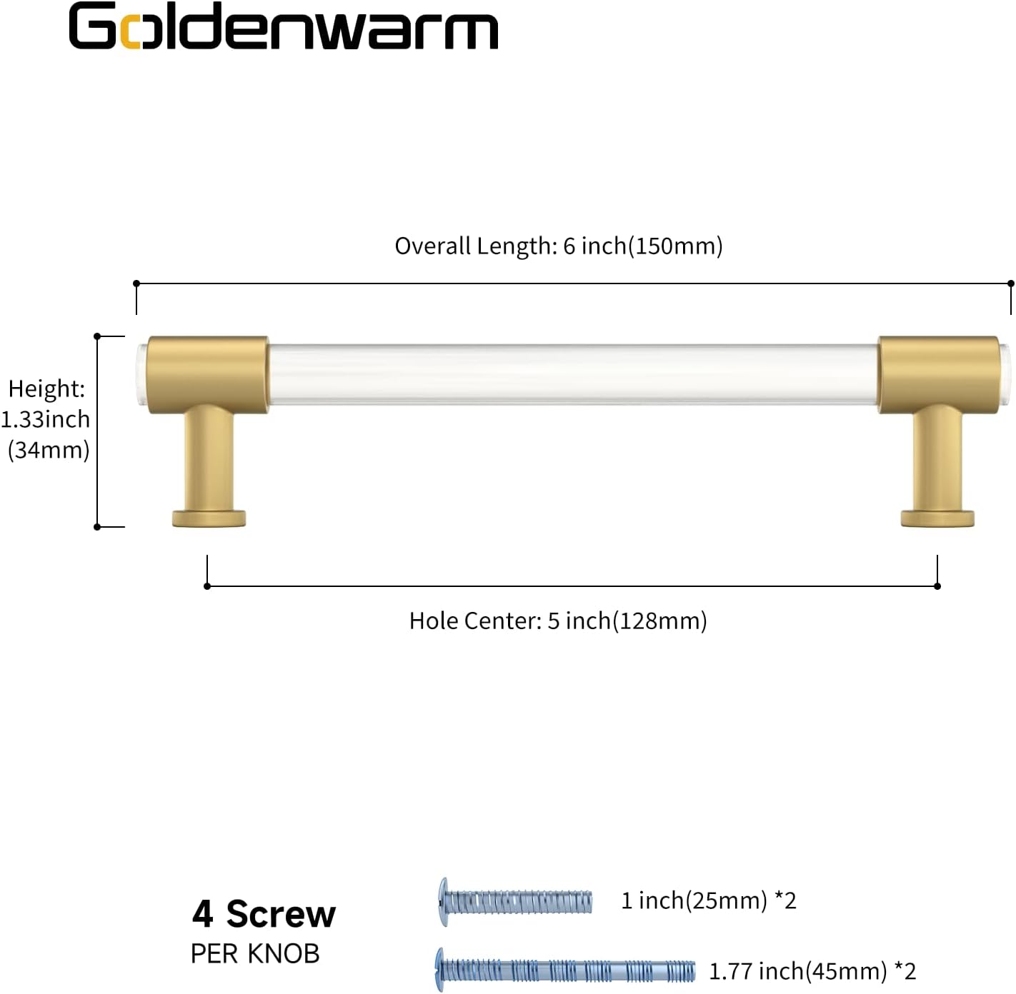 Goldenwarm 10 Pack 5 Inch Brushed Brass Cabinet Pulls Gold Drawer Pulls Acrylic Cabinet Handles Acrylic Drawer Hardware for Dresser Kitchen Cupboard