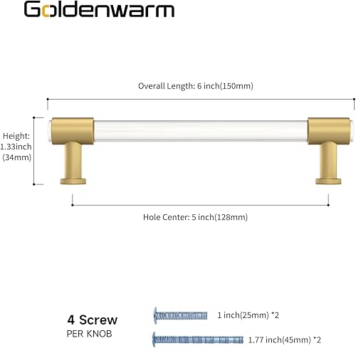 Miniatura 35 de Goldenwarm Paquete de 10 tiradores de cajón de acrílico de 3 pulgadas dorados, manijas de gabinete de acrílico, tiradores de gabinete de vidrio