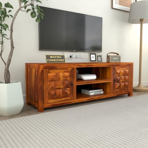 Image of Solid Sheesham Wood Entertainment TV Unit with 2 Door | Rosewood Tv Stand /TV Cabinet for Living Room | Bedroom | Wooden TV Panel with Shelf Stoarge | TV Table
