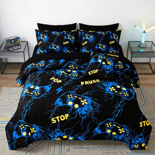 Image of ZRNBAST Twin Size Bedding Set for Boys Blue Gaming Comforter Set 6 Pieces Bed in A Bag Lightning Gamer Bed Set with Sheets Microfiber Game Console Bedroom Decor(Blue,Twin)
