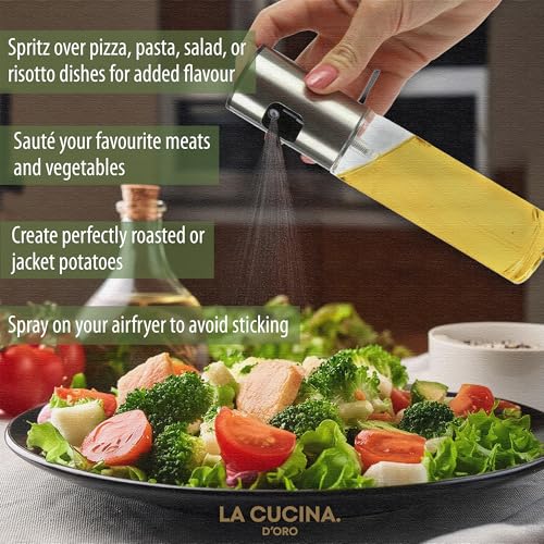La Cucina D’Oro Oil Sprayer for Cooking & Air Fryer - 90ml Refillable Glass Oil Mister with Stainless Steel Pump + 180ml Garlic Sunflower Oil - Kitchen Gift Set for Roasting, Salad, BBQ & Baking - Image 5