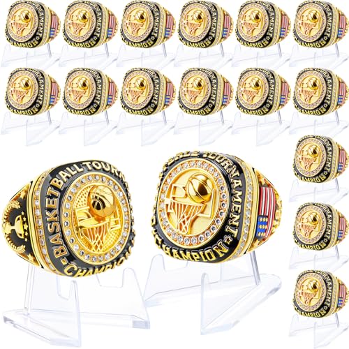 Misdary Basketball Championship Rings with Holder Most Valuable Player Greatest of All Time Gold Ring Award Gift Sports Team Prize for Tournament Winner(16 Pcs)