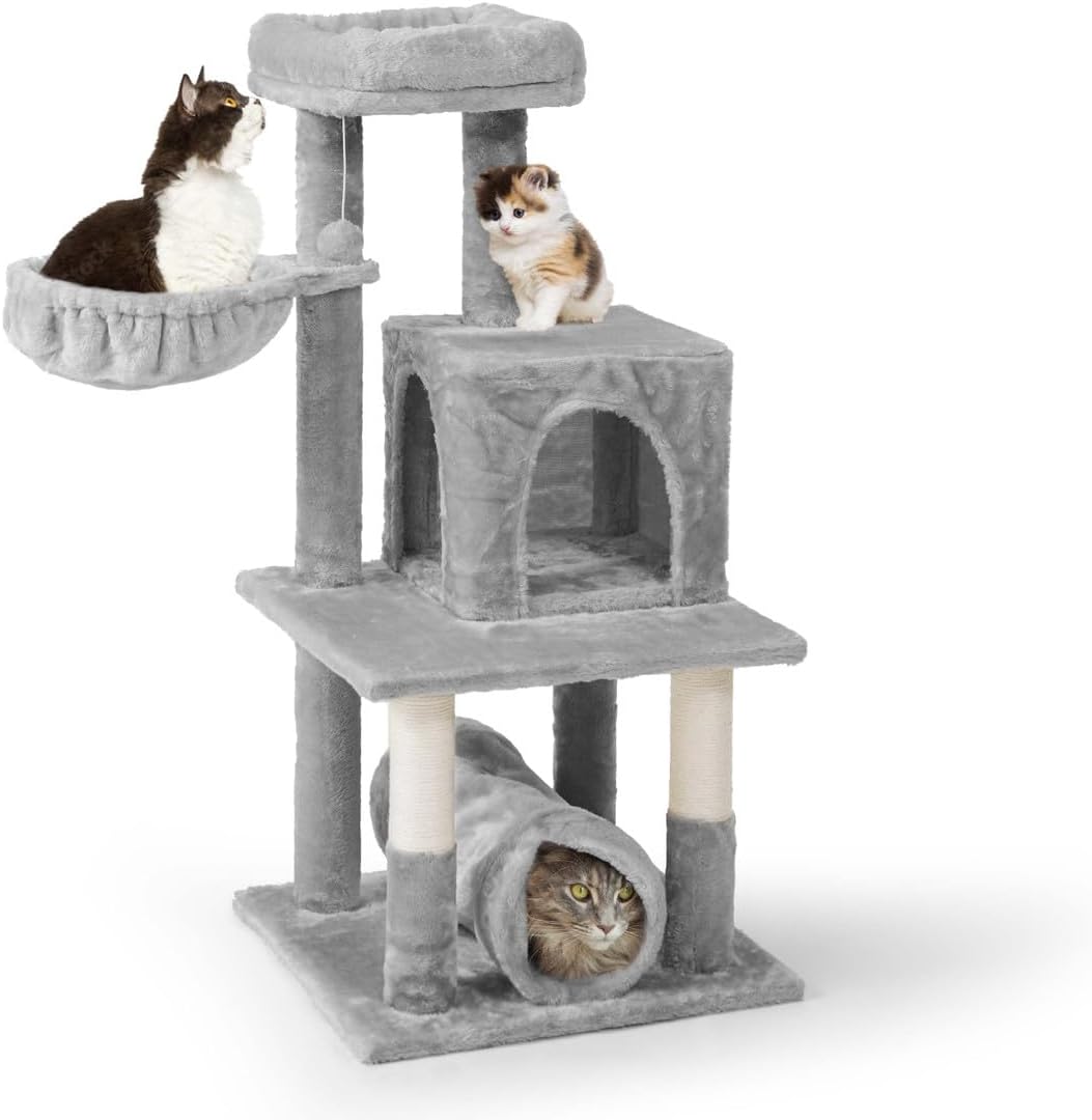 CAPHAUS Multi-Level 40-Inch Cat Activity Tree with Scratching Posts, Spacious Perch for Indoor Cute Cats, Cat Tree with Modern Tunnel, Basket, Cat Cave Condo for Large Cats Kittens