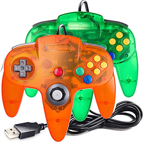 2 Pack USB Wired N64 Controller, miadore Classic N64 PC Gamepad Joystick Controller for Windows PC MAC Linux Raspberry Pi 3 (Green/Orange)