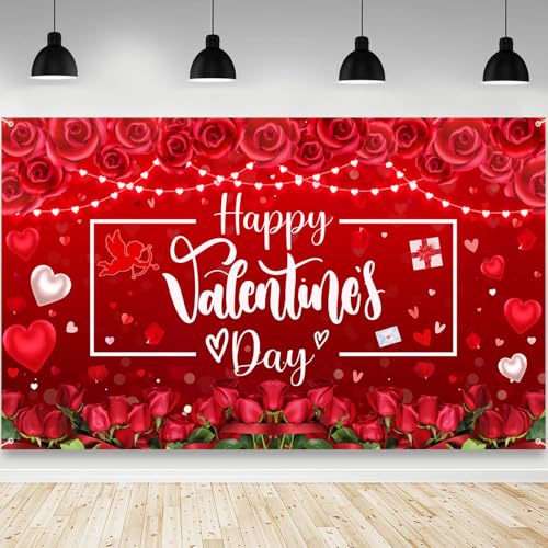 AIBIIN Happy Valentines Day Backdrop Red Flower Happy Valentine's Day Decorations Banner Red Heart Valentines Day Party Decorations Backdrop Photo Booth Props 70.8x43.3 inch