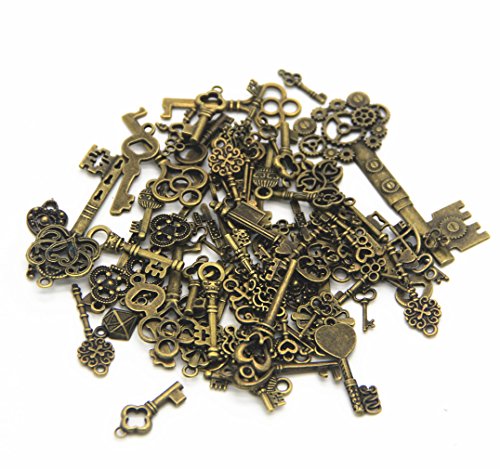 IBS 100 Gram Mixed Antique Skeleton Keys Charms Pendants for Craft Necklace Jewelry Making (Bronze)