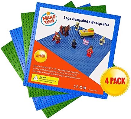 Lego Compatible Baseplates (4 pieces of 10" x 10") in Blue and Green, Works with Major Brick Building Sets, Wonderful Plate for Kids