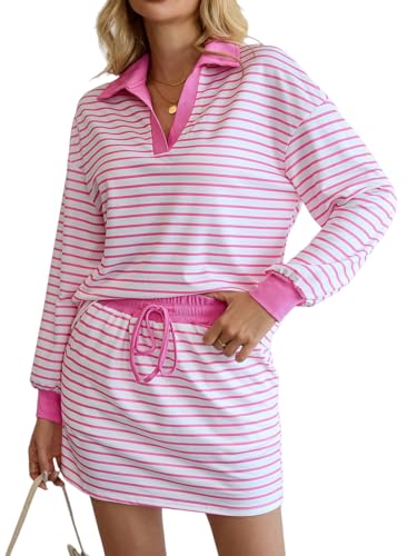 Womens Striped 2 Piece Outfits Casual Sweatshirt Skirt Sets Long Sleeve Athletic Skort Sets with Pockets Pink M
