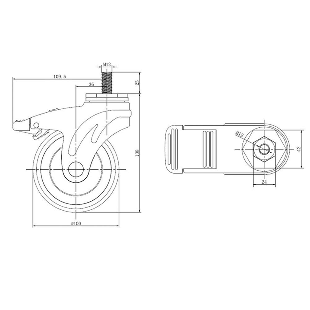 4 x TPR perno piroettanti ruote, M12 Filo stelo presa di corrente & Freni universale ruota, 4 pollici 100 mm, Silenzioso, Mobilia Ospedale Ufficio Impalcatura culla carichi 540 kg (135 kg ciascuno)