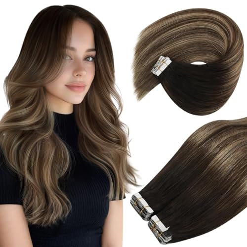 Image of Ve Sunny Hair Tape in Hair Extensions Black Balayage Brown with Ash Blonde | Seamless Tape Hair,Remy Human Hair,for Everyday Wear,16Inch 50g 20Pcs
